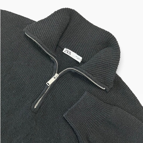 Zara Sweaters - Zara Black Ribbed Quarter Zip Cropped Knit Sweater Size L Quiet Luxury